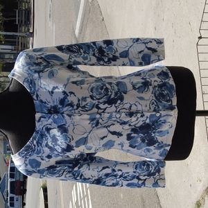 Talbot Cardigan, 3/4 sleeves, Large, blue & white flowers (Measurements In Pics)